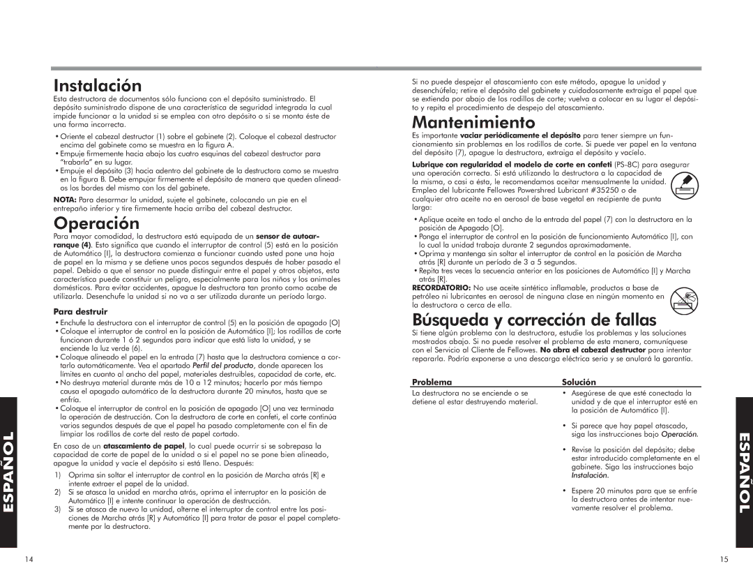 Fellowes PS-8C manual Instalación, Operación, Mantenimiento, Búsqueda y corrección de fallas 
