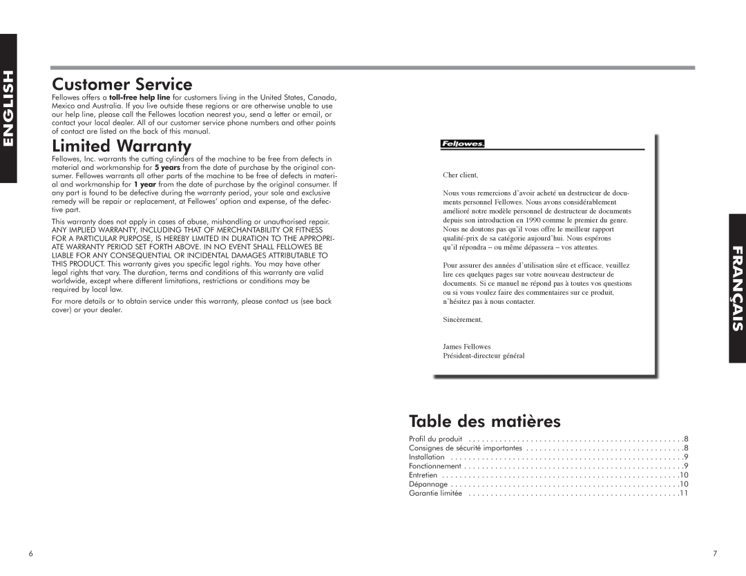 Fellowes PS-8C manual Customer Service, Limited Warranty, Table des matières, Français, Cher client, English 