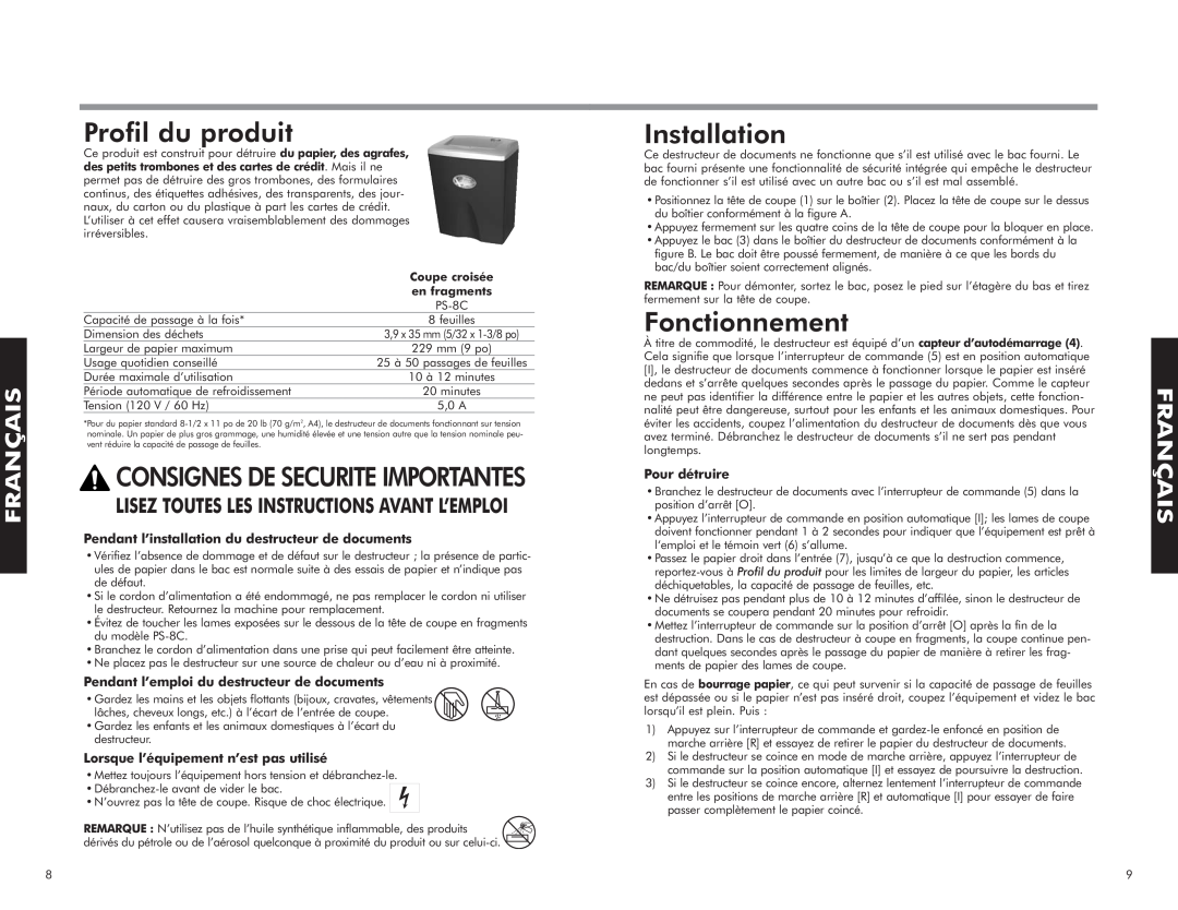 Fellowes PS-8C Profil du produit, Installation, Fonctionnement, Consignes De Securite Importantes, Pour détruire, Français 