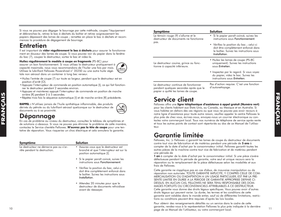 Fellowes PS-8C manual Dépannage, Service client, Garantie limitée, Symptôme, Solution, sous Entretien, Français 