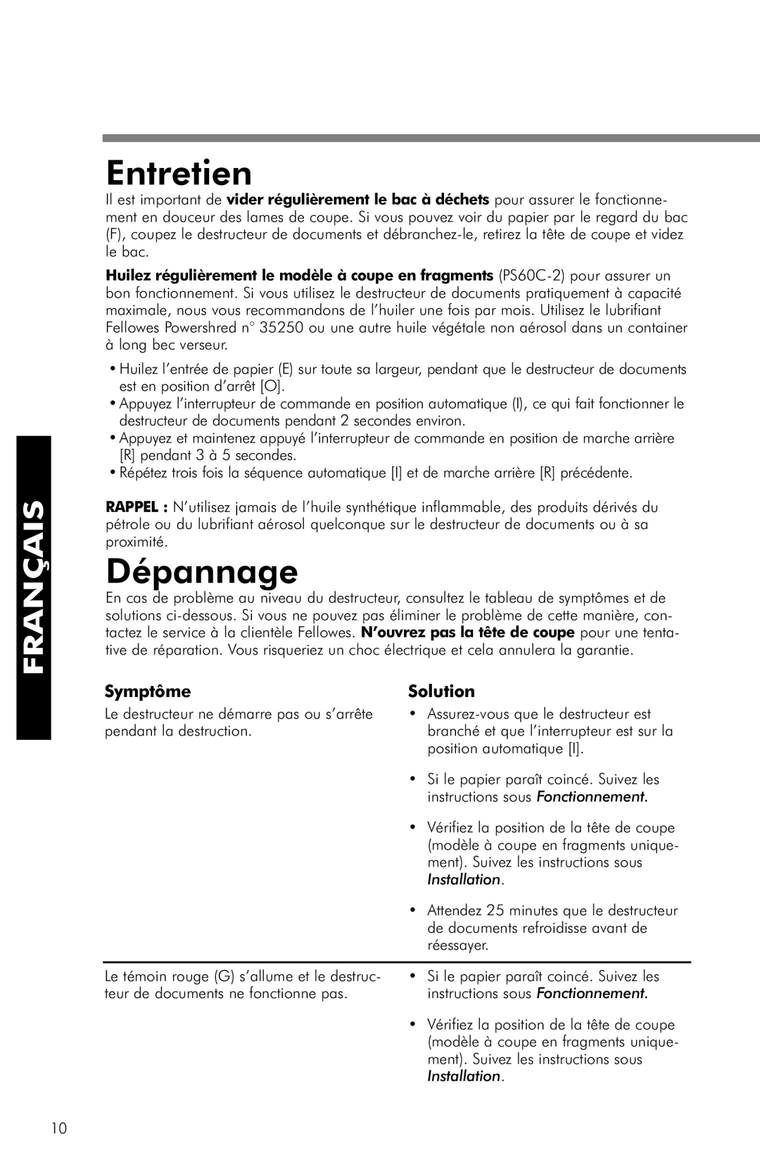 Fellowes PS60-2, PS60C-2 manual Entretien, Dépannage, Symptôme Solution 