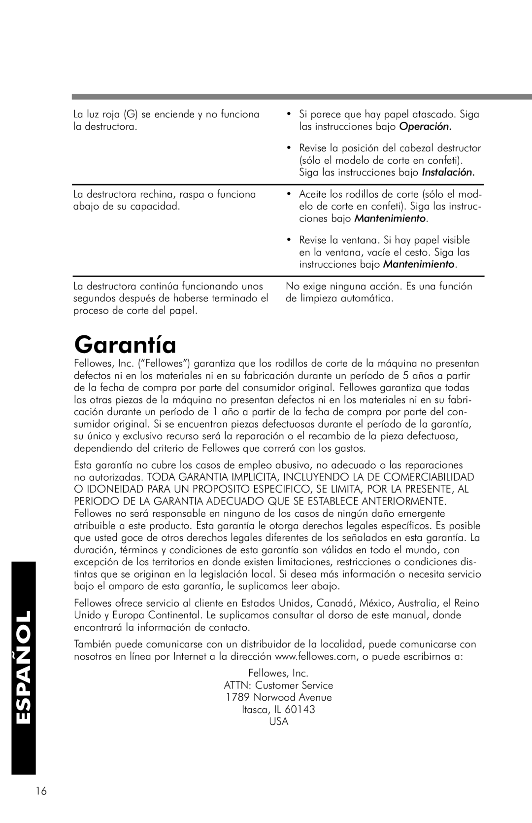 Fellowes PS60-2, PS60C-2 manual Garantía 