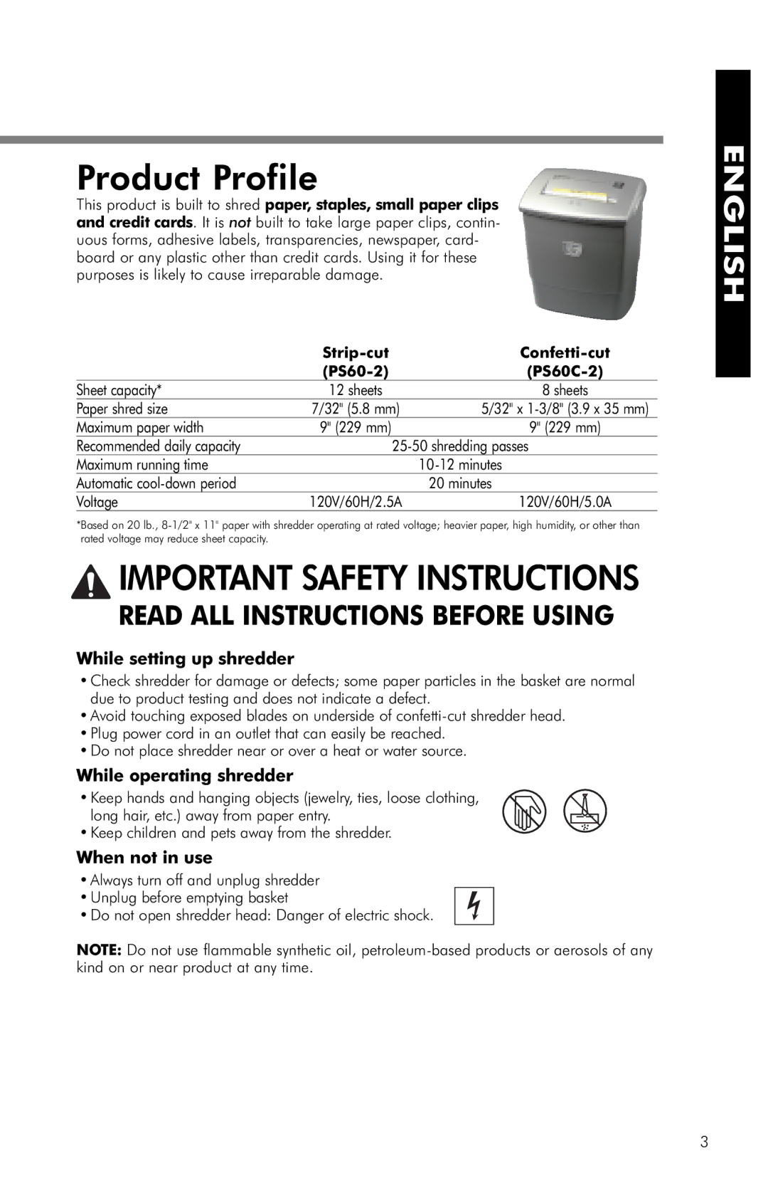 Fellowes PS60C-2, PS60-2 manual Product Profile, While setting up shredder, While operating shredder, When not in use 