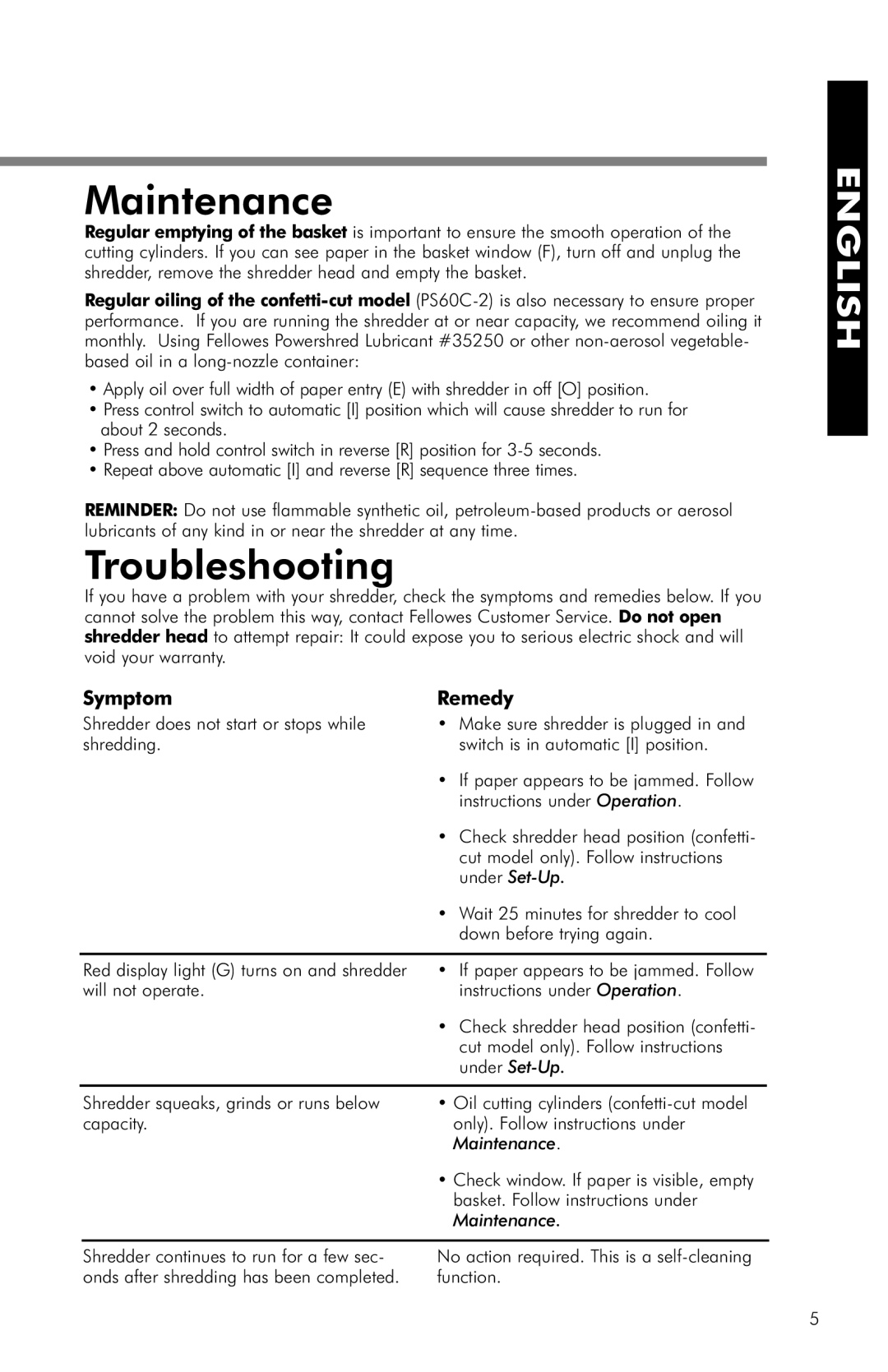 Fellowes PS60C-2, PS60-2 manual Maintenance, Troubleshooting, Symptom Remedy 