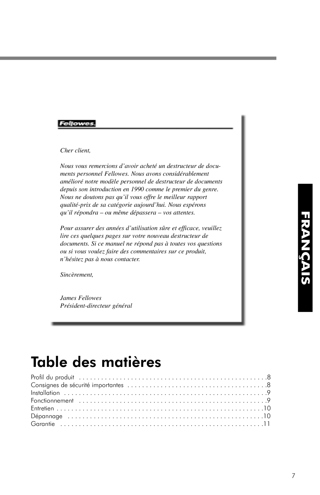 Fellowes PS60C-2, PS60-2 manual Table des matières, Cher client 