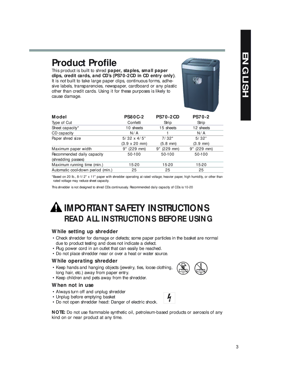 Fellowes PS70-2 manual Product Profile, While setting up shredder, While operating shredder, When not in use 