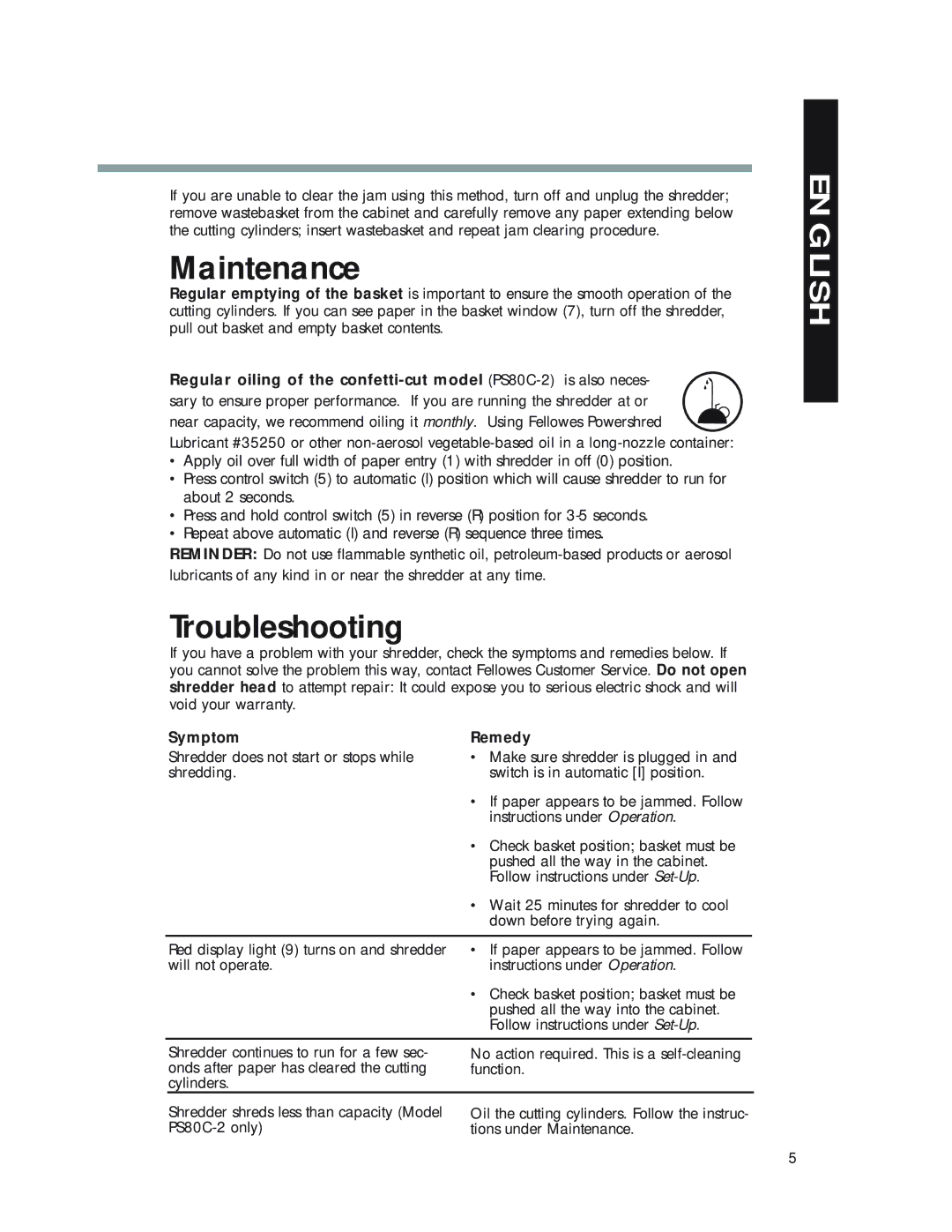 Fellowes PS70-2 manual Maintenance, Troubleshooting, Symptom Remedy 