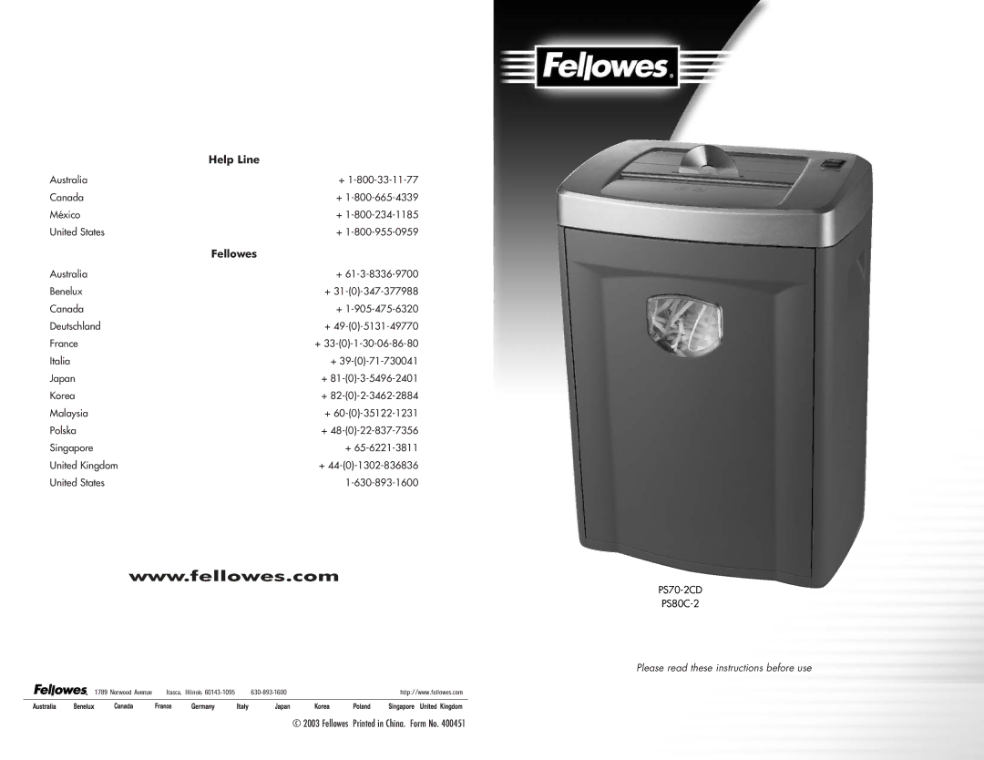 Fellowes PS70-2CD, Ps70-2cd, Ps80c-2 manual Help Line, Please read these instructions before use 