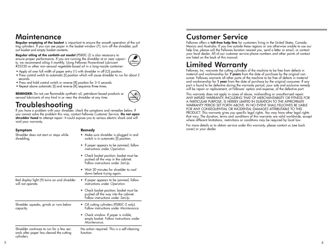 Fellowes Ps70-2cd, Ps80c-2, PS70-2CD manual Maintenance, Troubleshooting, Customer Service, Limited Warranty, Symptom Remedy 