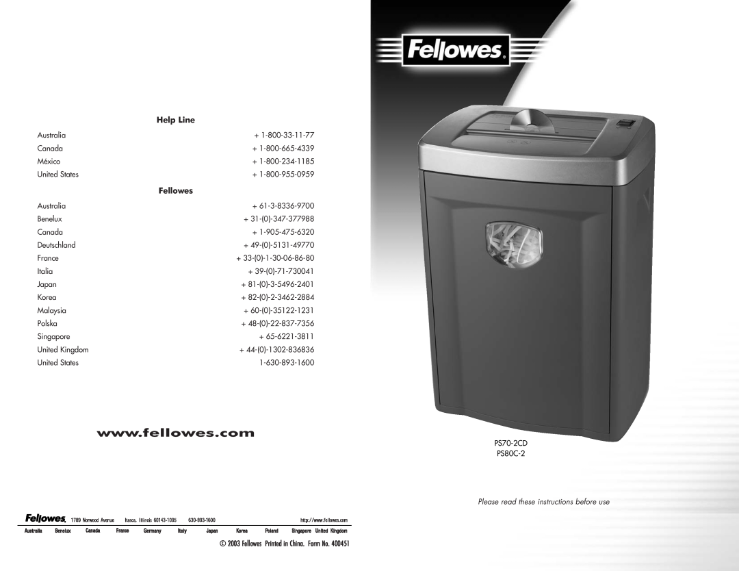 Fellowes PS70-2CD, Ps70-2cd, Ps80c-2 manual Help Line, Please read these instructions before use 