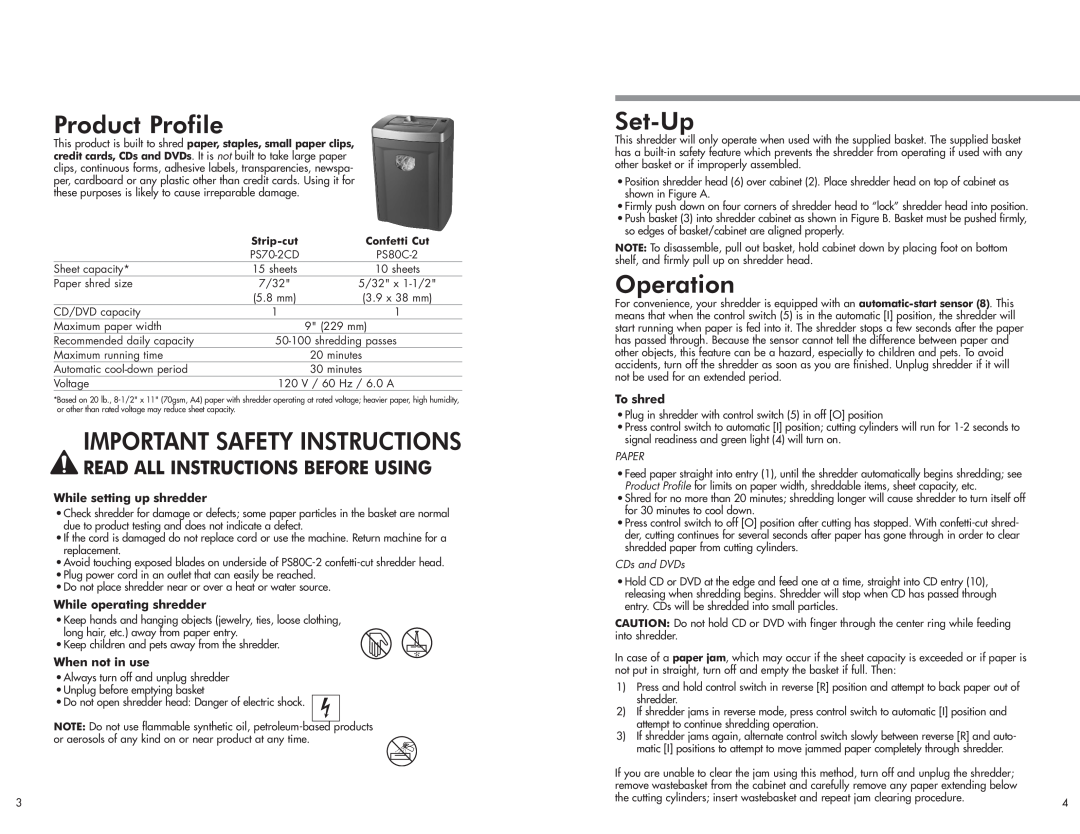 Fellowes PS70-2CD Product Profile, Important Safety Instructions, Set-Up, Operation, While setting up shredder, To shred 