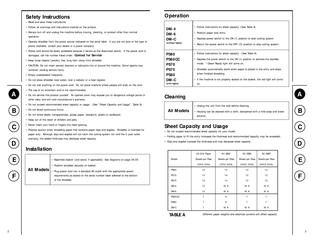 Fellowes DM-6, PS75, PS60, DM-4 manual Safety Instructions, Installation, Operation, Cleaning, Sheet Capacity and Usage 