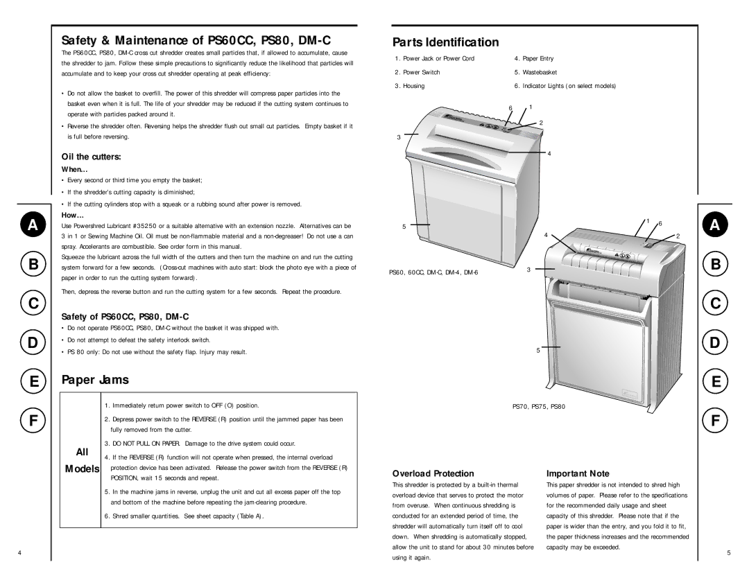 Fellowes DM-4, PS75, DM-6 manual Safety & Maintenance of PS60CC, PS80, DM-C, Paper Jams, Parts Identification 