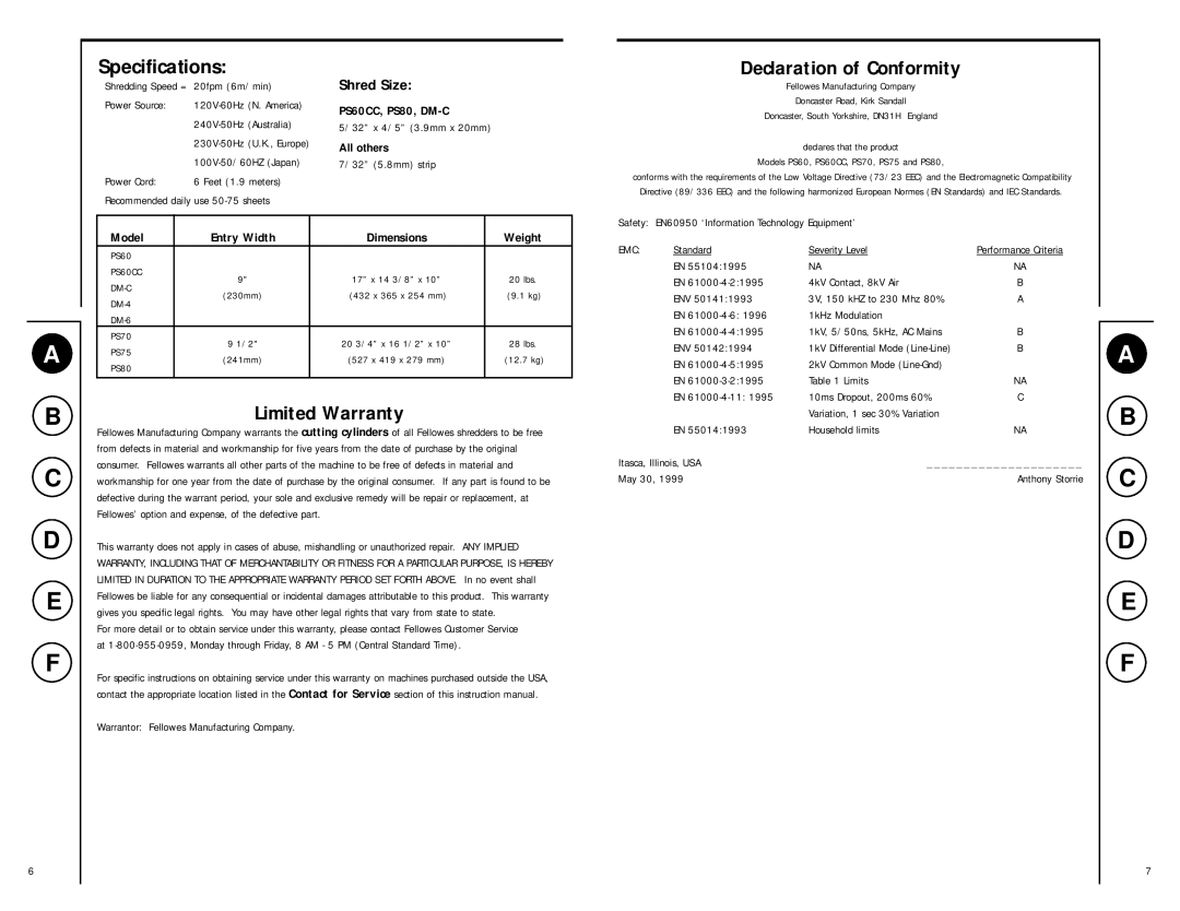 Fellowes Ps60, Dm-c, Ps60cc, Dm-4, Ps70, Dm-6, Ps75, Ps80, PS75, PS60 Specifications, Model Entry Width Dimensions Weight 