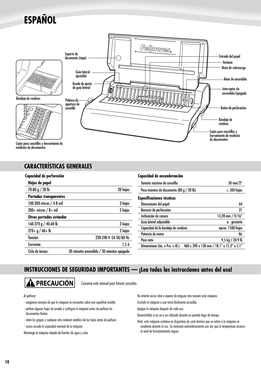 Fellowes Quasar e 500 manual Español, Características Generales, Capacidad de perforación Hojas de papel 