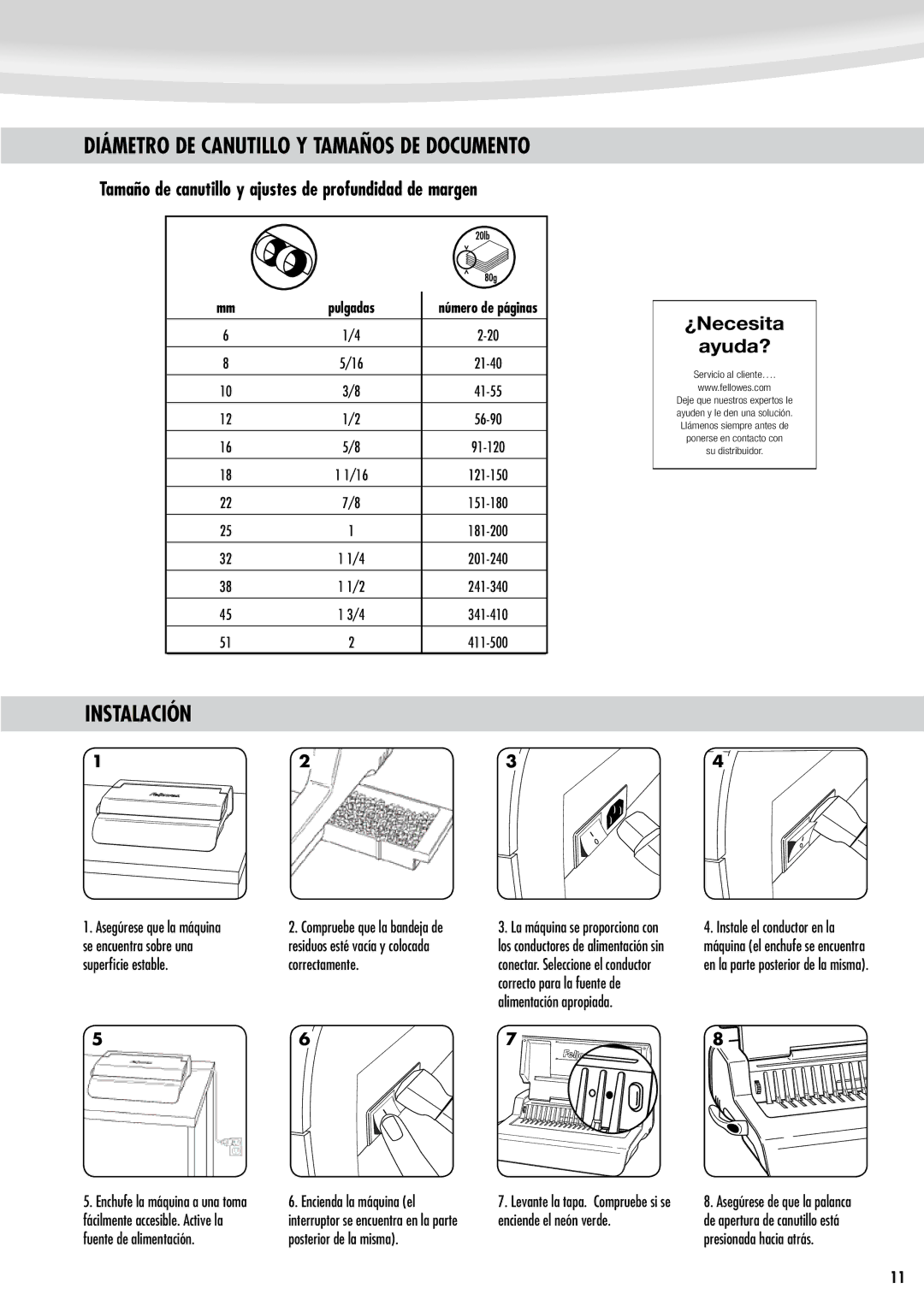 Fellowes Quasar e 500 Instalación, Tamaño de canutillo y ajustes de profundidad de margen, ¿Necesita Ayuda?, Pulgadas 