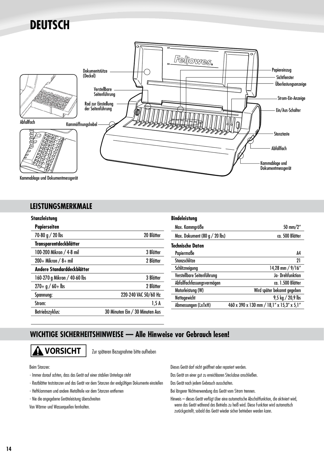 Fellowes Quasar e 500 manual Deutsch, Leistungsmerkmale 