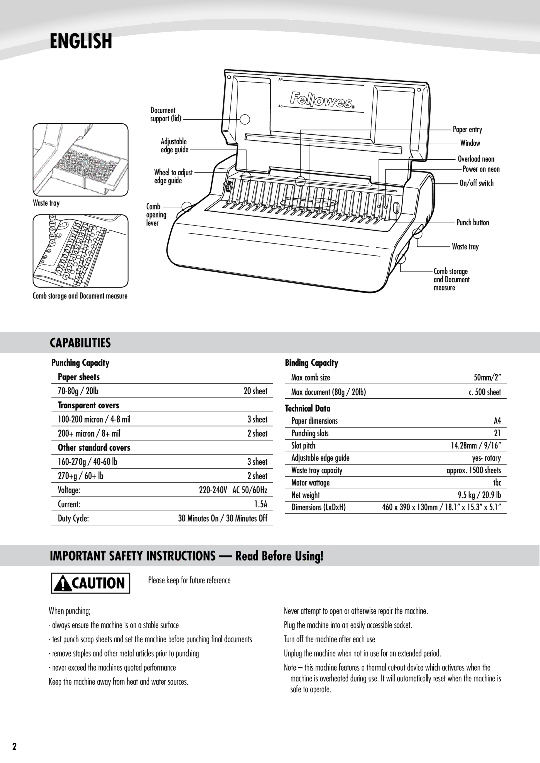 Fellowes Quasar e 500 manual English, Capabilities, IMPORTANT SAFETY INSTRUCTIONS Read Before Using 