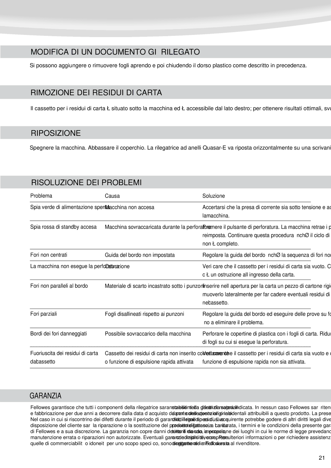 Fellowes Quasar e 500 manual Modifica DI UN Documento GIÀ Rilegato, Rimozione DEI Residui DI Carta, Riposizione, Garanzia 