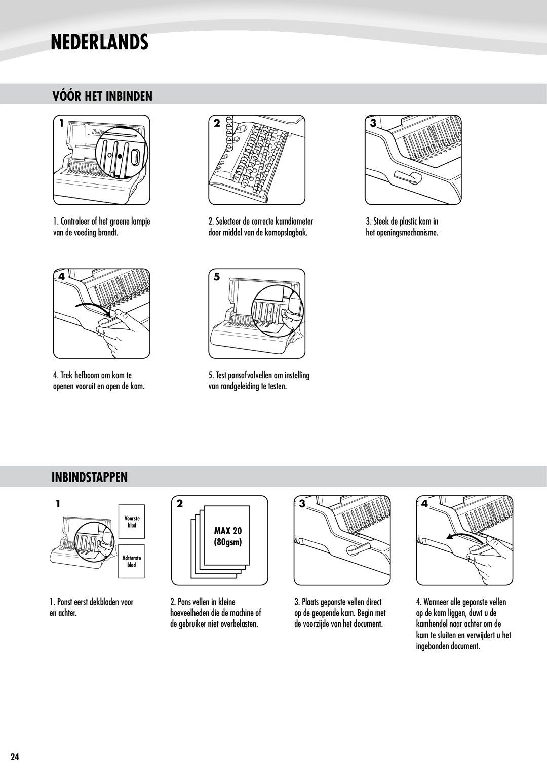 Fellowes Quasar e 500 manual Vóór HET Inbinden, Inbindstappen, Controleer of het groene lampje van de voeding brandt 