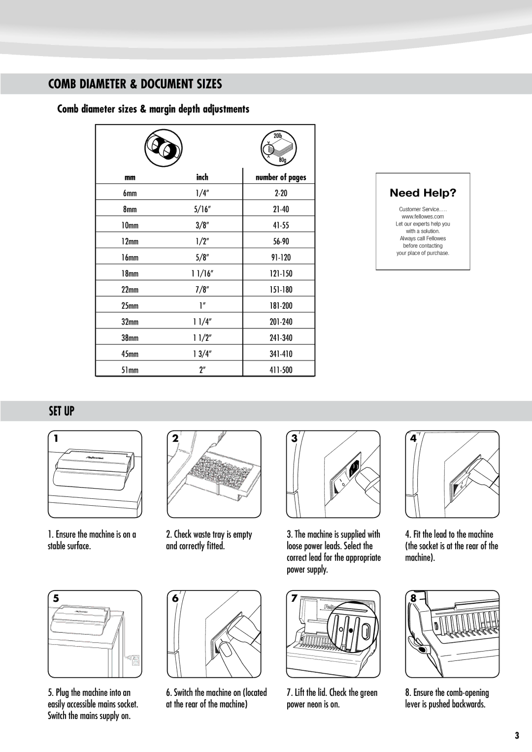 Fellowes Quasar e 500 Comb Diameter & Document Sizes, Set Up, Comb diameter sizes & margin depth adjustments, Need Help? 