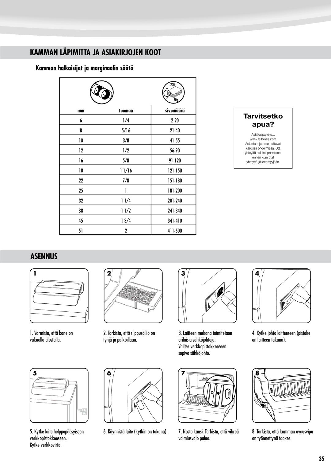 Fellowes Quasar e 500 manual Kamman Läpimitta JA Asiakirjojen Koot, Asennus, Kamman halkaisijat ja marginaalin säätö 