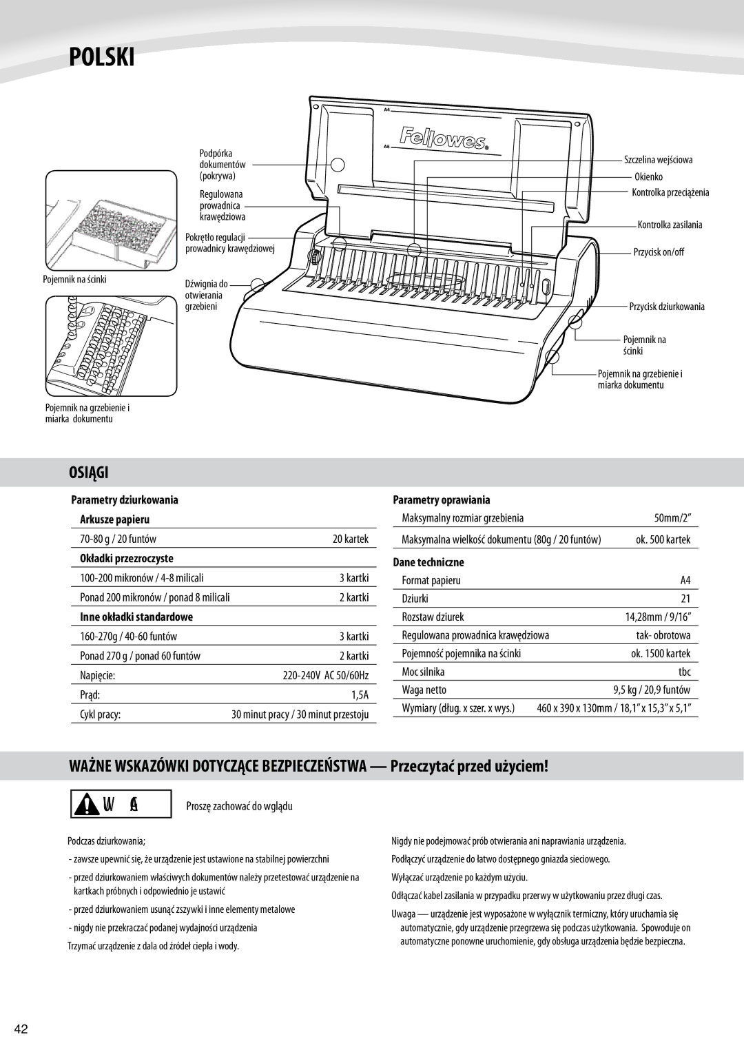 Fellowes Quasar e 500 manual Polski, Osiągi 