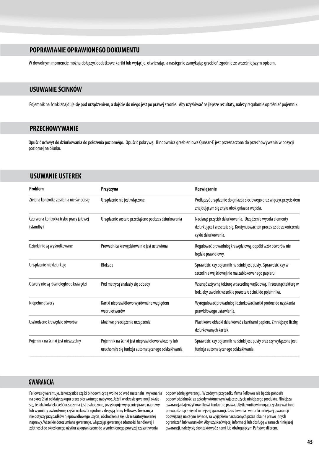 Fellowes Quasar e 500 Poprawianie Oprawionego Dokumentu, Usuwanie Ścinków, Przechowywanie, Usuwanie Usterek, Gwarancja 