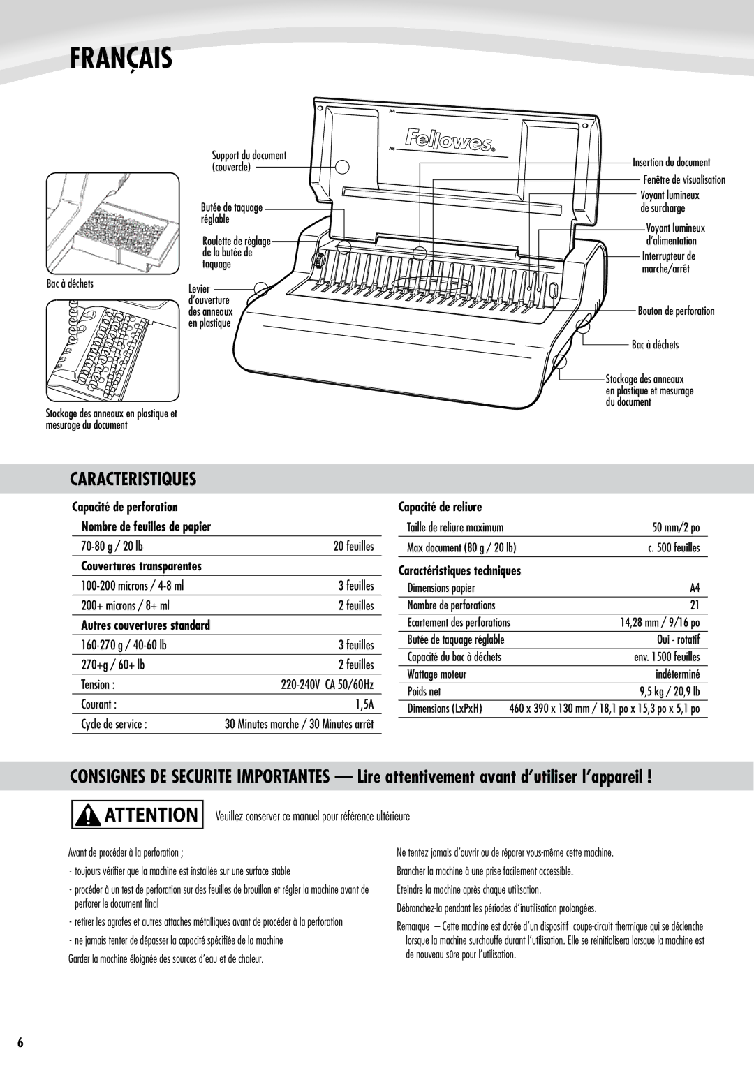 Fellowes Quasar e 500 manual Français, Caracteristiques, Capacité de perforation Nombre de feuilles de papier 