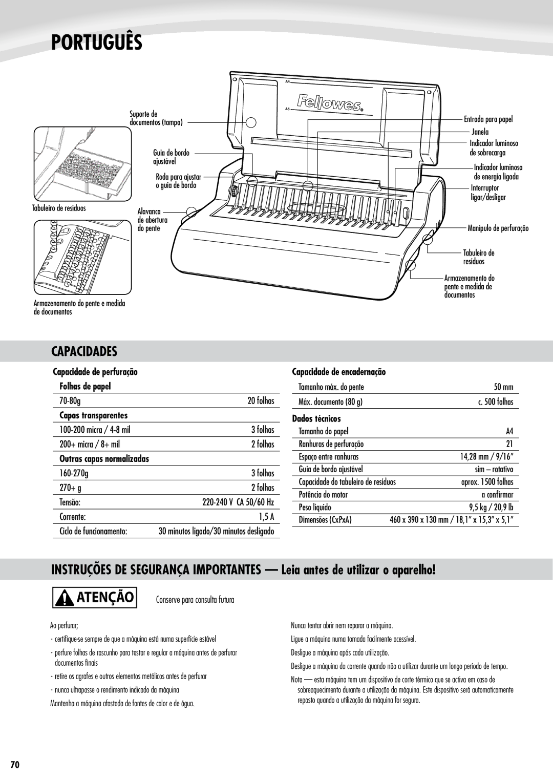 Fellowes Quasar e 500 manual Português, Capacidades 