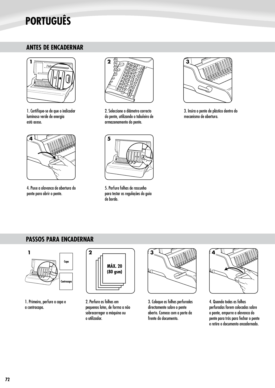 Fellowes Quasar e 500 manual Antes DE Encadernar, Primeiro, perfure a capa e a contracapa 