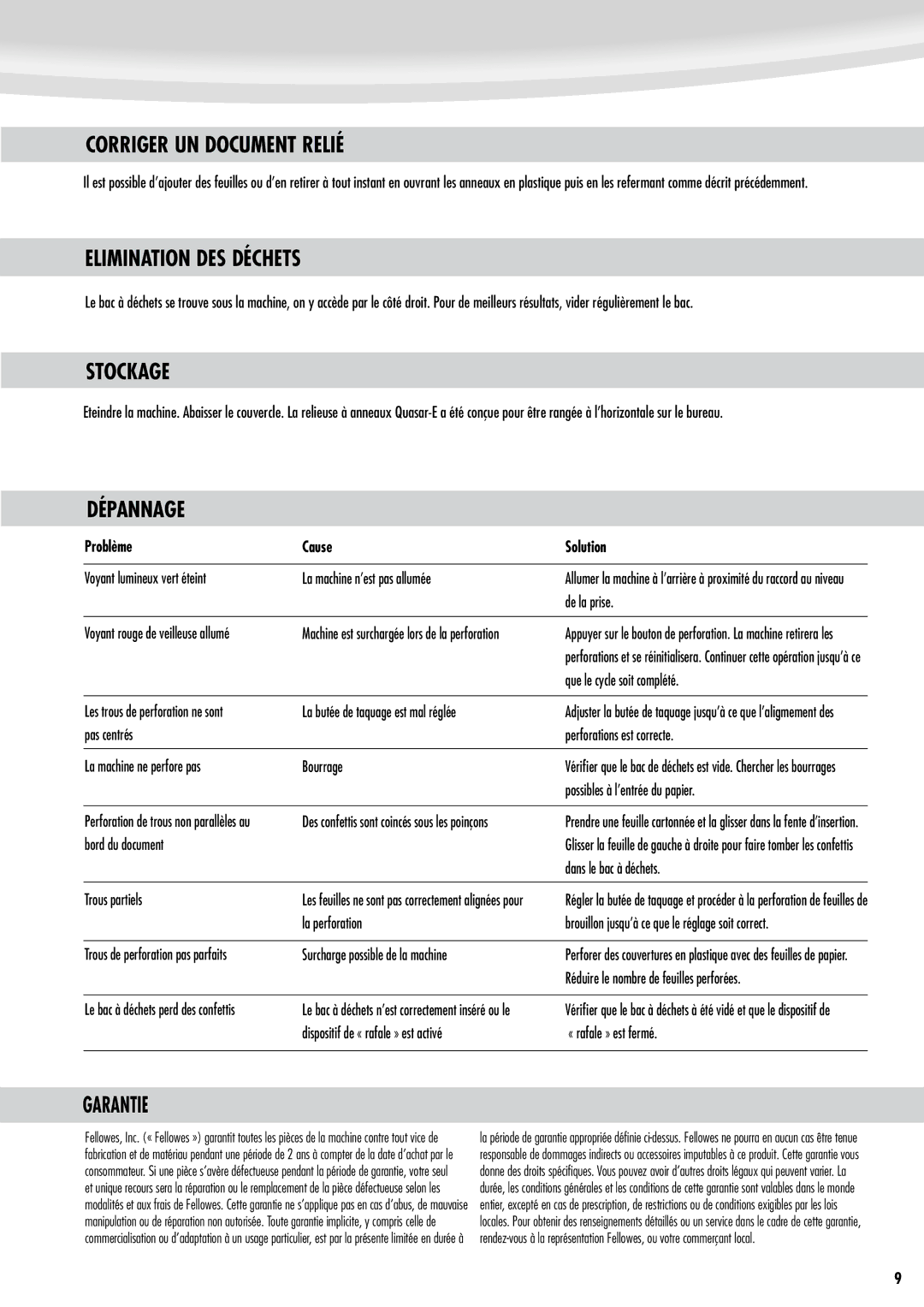 Fellowes Quasar e 500 manual Corriger UN Document Relié, Elimination DES Déchets, Stockage, Dépannage, Garantie 