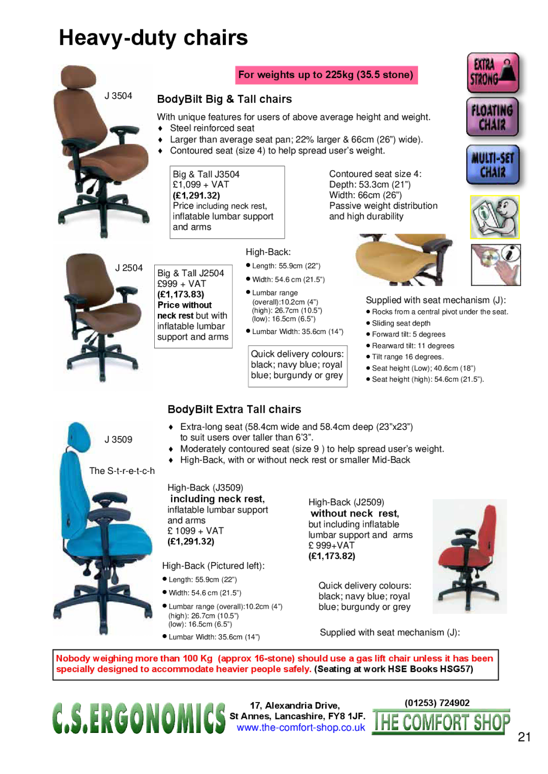 Fellowes RH 300, RH 400 manual BodyBilt Big & Tall chairs, BodyBilt Extra Tall chairs, For weights up to 225kg 35.5 stone 