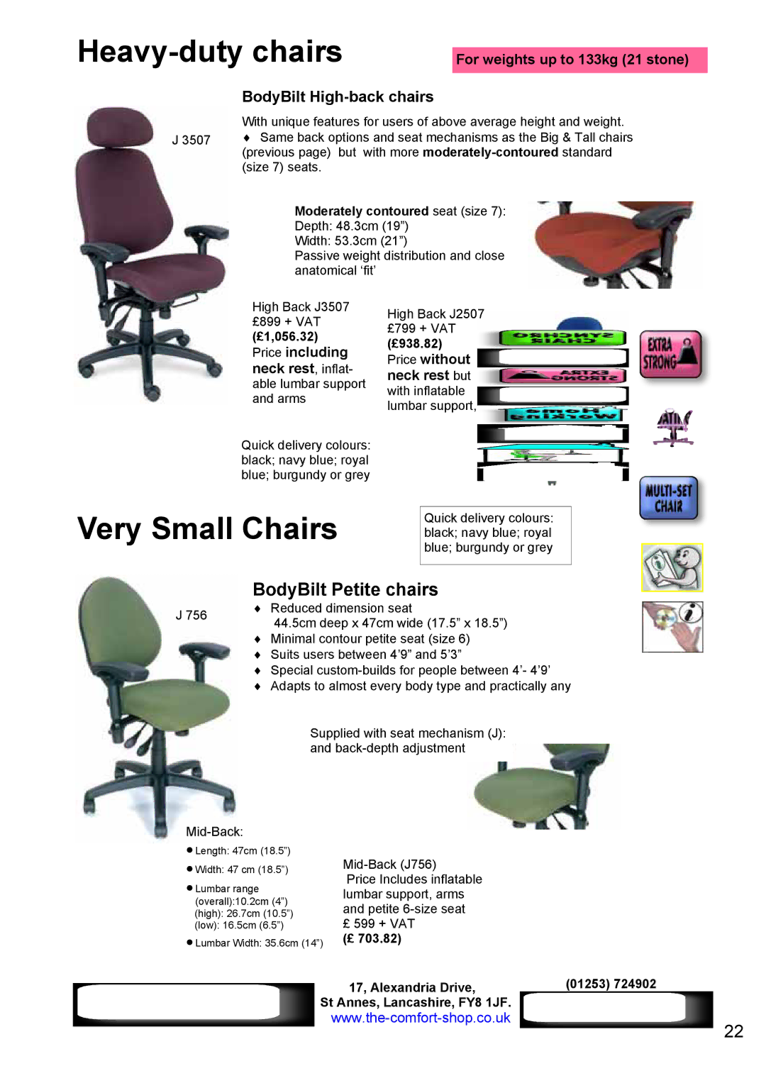 Fellowes RH 400, RH 300 manual BodyBilt Petite chairs, BodyBilt High-back chairs, For weights up to 133kg 21 stone 