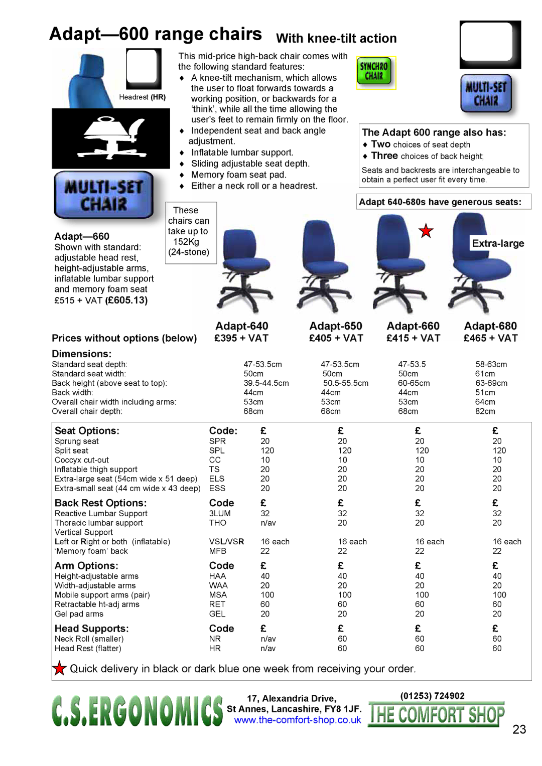 Fellowes RH 300, RH 400 manual Adapt-600 range chairs With knee-tilt action, Adapt-640 Adapt-650 Adapt-660 Adapt-680 