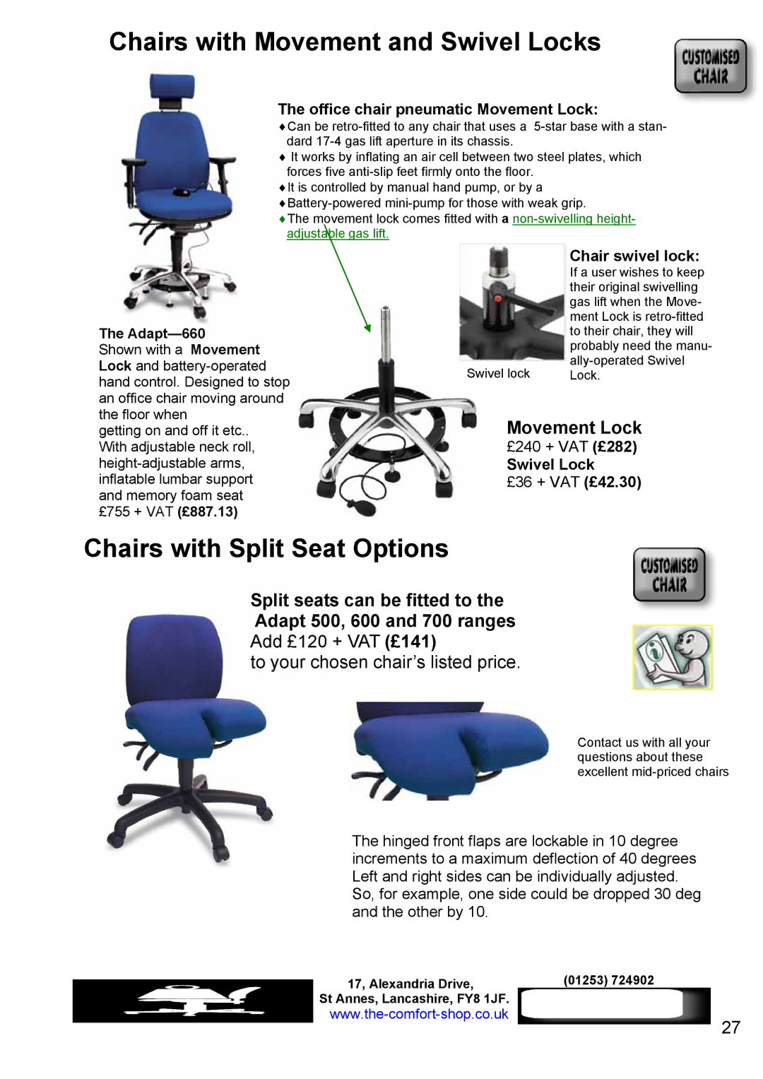 Fellowes RH 300, RH 400 manual Chairs with Movement and Swivel Locks, Chairs with Split Seat Options, Movement Lock 