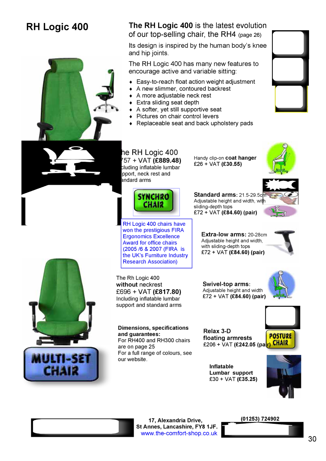 Fellowes RH 400 manual £757 + VAT £889.48, £696 + VAT £817.80, Without neckrest, Dimensions, specifications and guarantees 