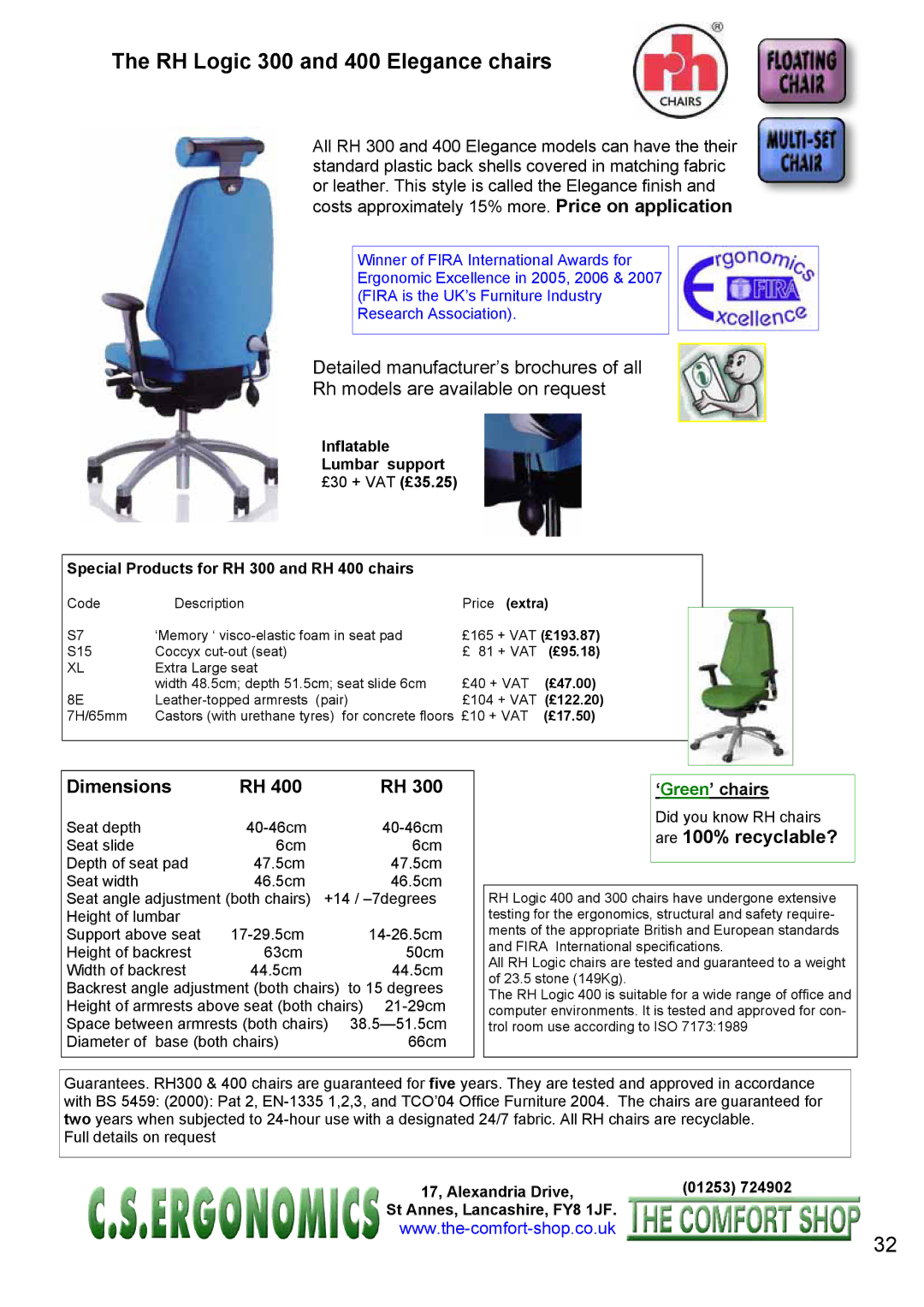 Fellowes RH 400, RH 300 manual RH Logic 300 and 400 Elegance chairs, Dimensions, ‘Green’ chairs 