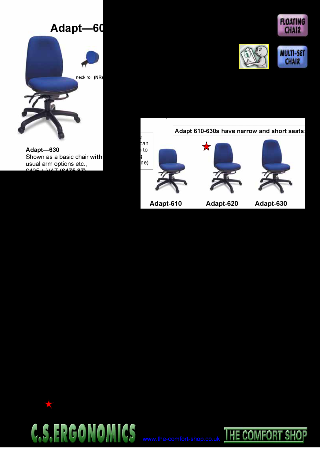 Fellowes RH 400, RH 300 manual Adapt-600range chairs With knee-tiltaction, Adapt-610, Adapt-620, Adapt-630 