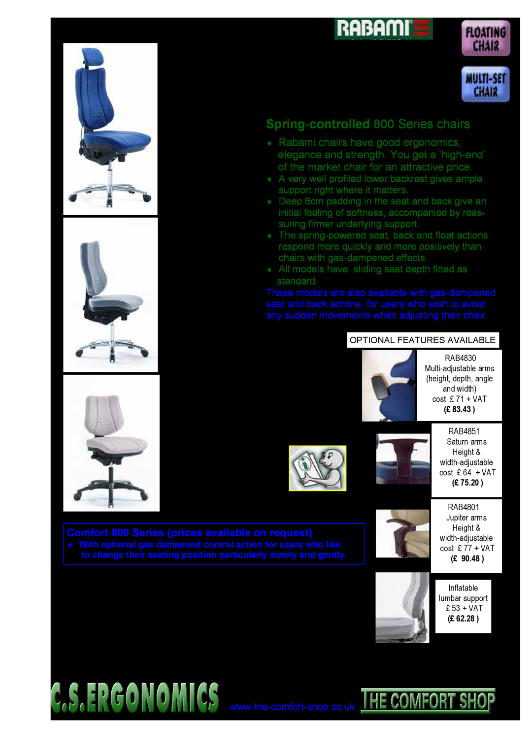 Fellowes RH 300 manual Rabami chairs Comfort 800 Series, With spring-controlledactions, Spring-controlled 800 Series chairs 