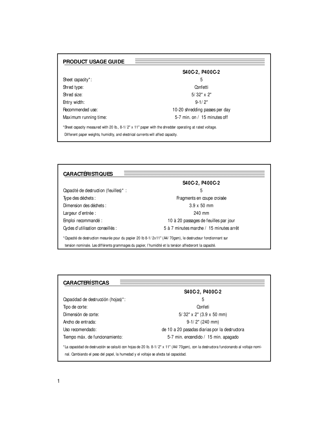 Fellowes S40C-2, P400C-2 manual Product Usage Guide, Caractéristiques, Características, 32 x 