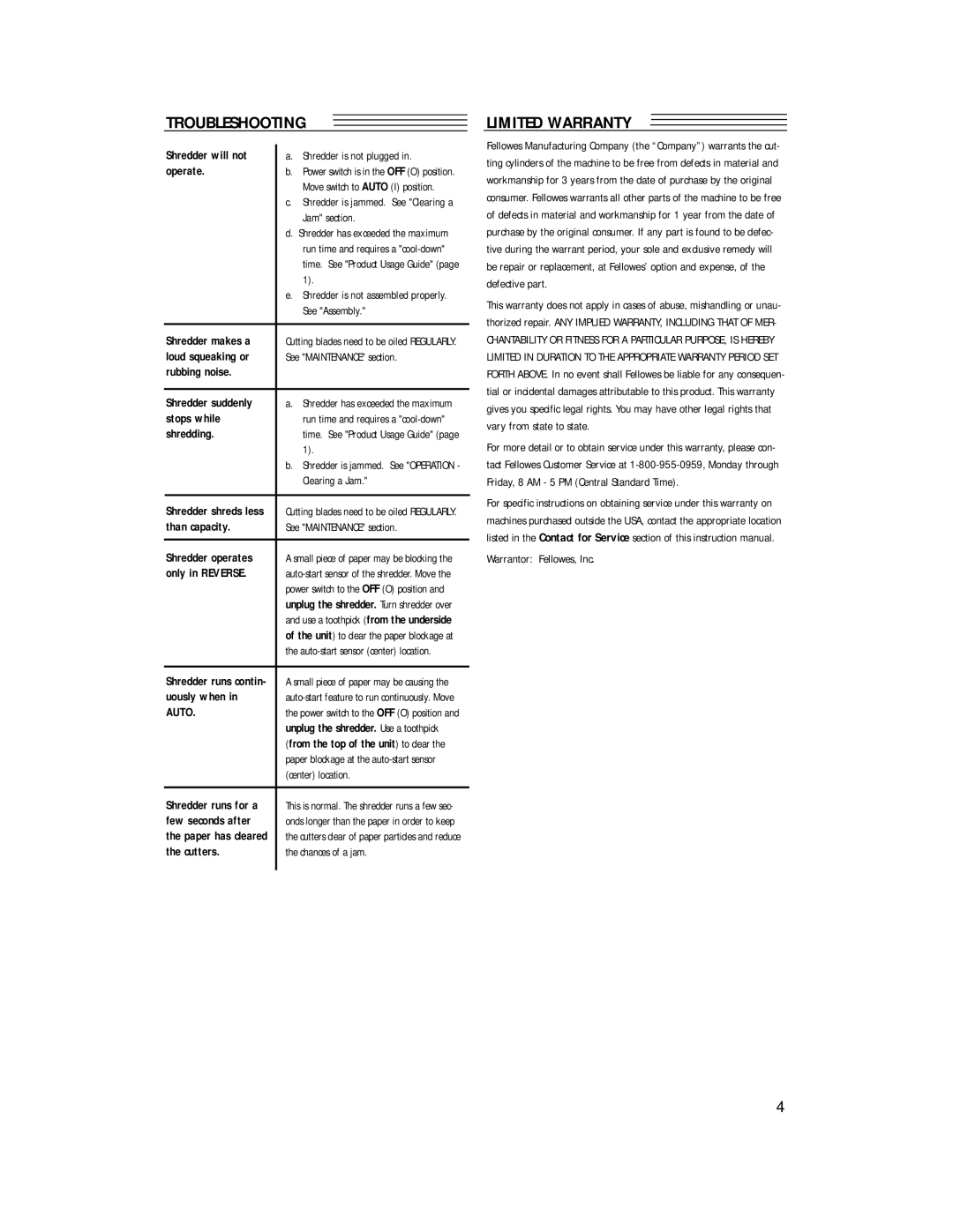 Fellowes P400C-2, S40C-2 manual Troubleshooting, Limited Warranty 