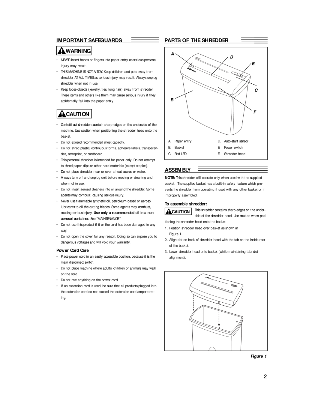 Fellowes P400C-2 Important Safeguards, Parts Of The Shredder, Assembly, Power Cord Care, E C B F, To assemble shredder 
