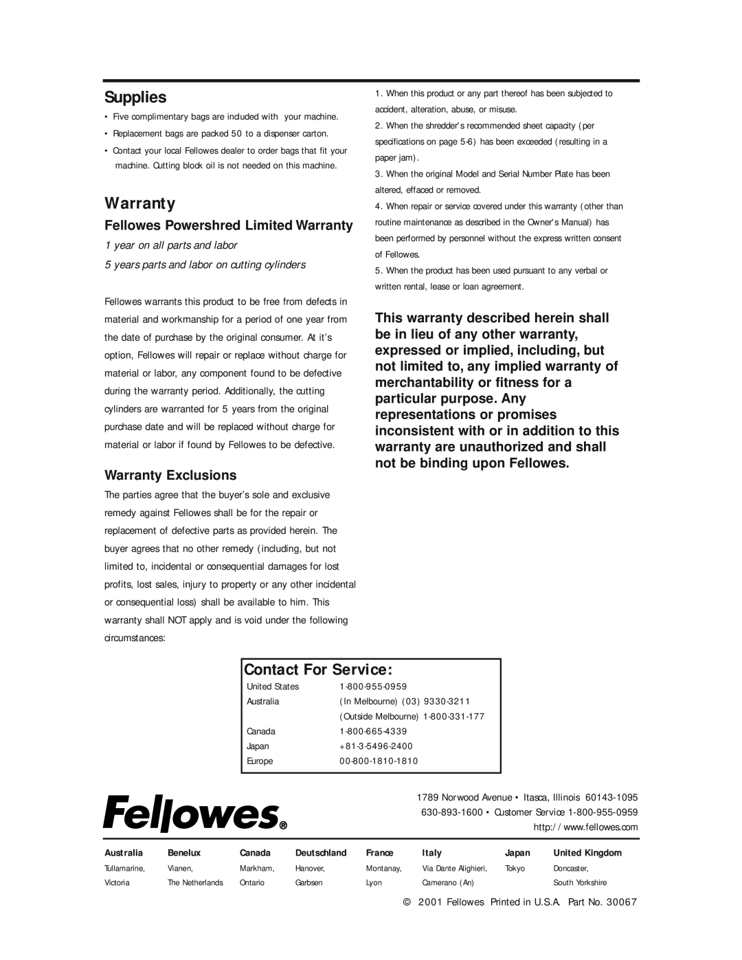 Fellowes S40C Supplies, Fellowes Printed in U.S.A. Part No, Fellowes Powershred Limited Warranty, Warranty Exclusions 