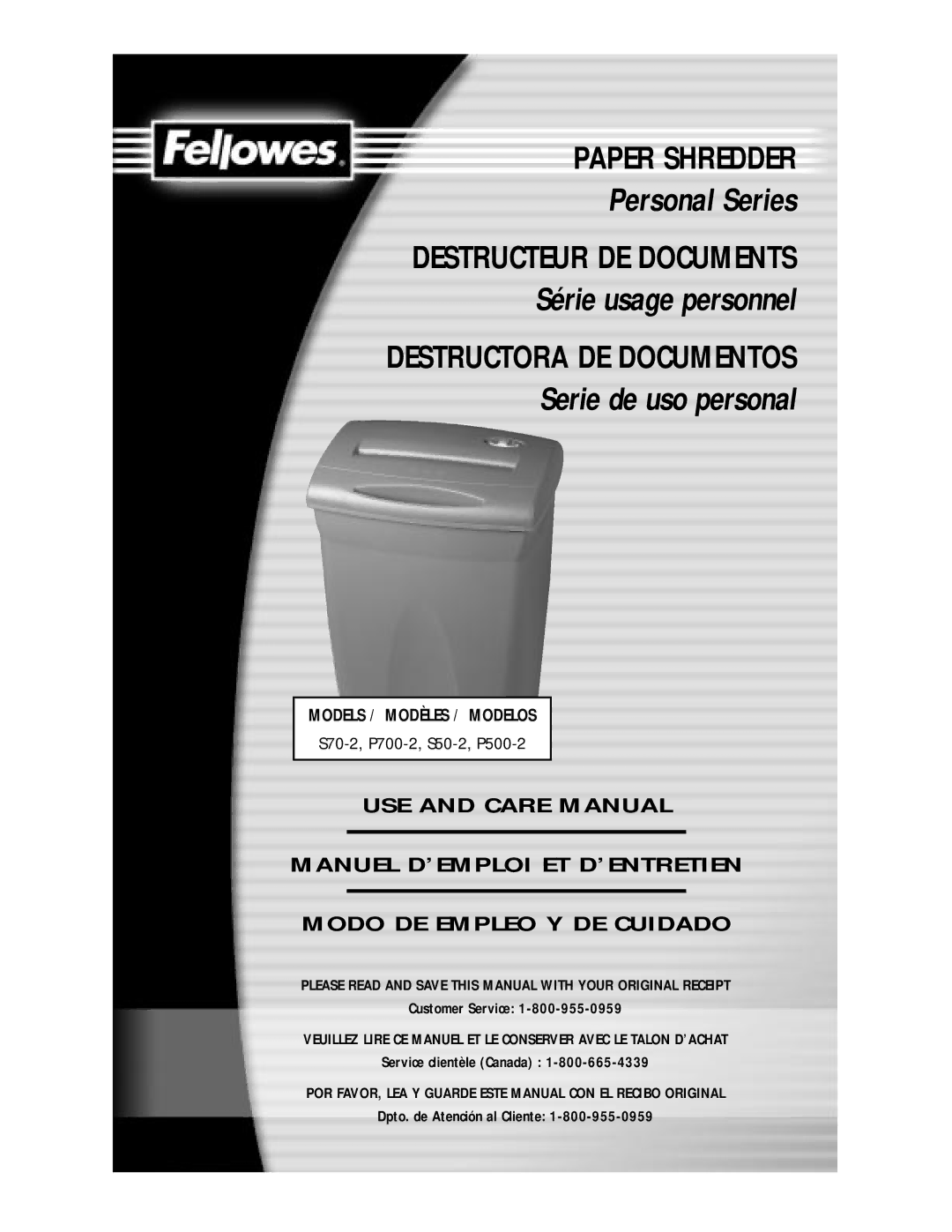 Fellowes P500-2, S50-2, P700-2 manual Personal Series 