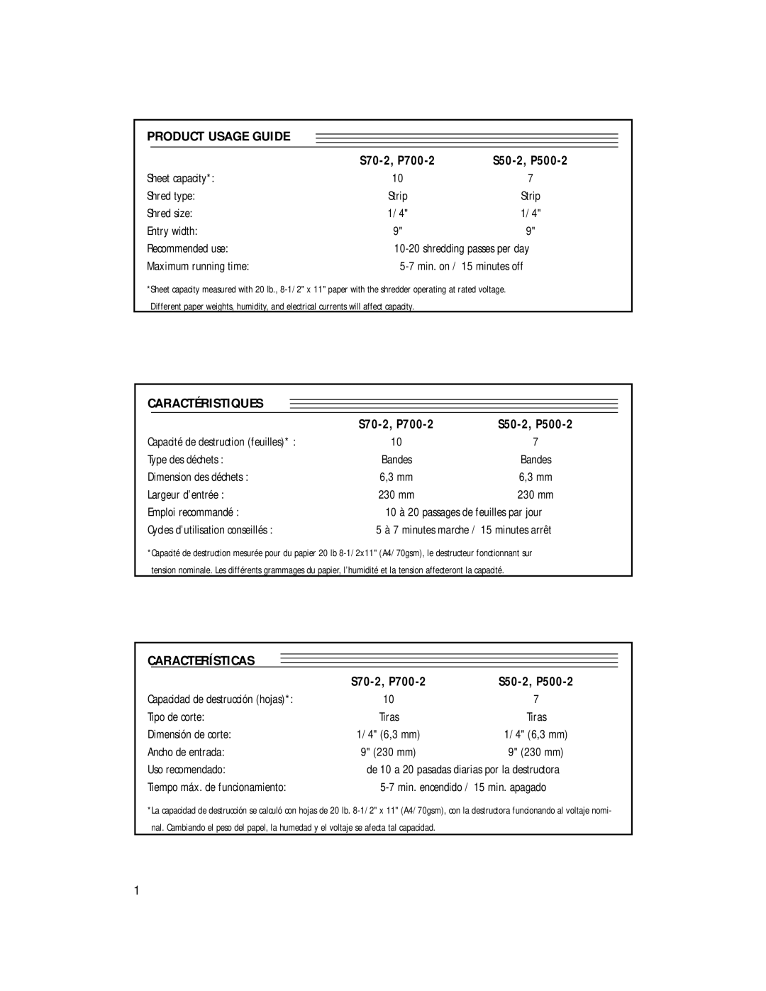 Fellowes P700-2, S50-2, P500-2 manual Product Usage Guide, Caractéristiques, Características 