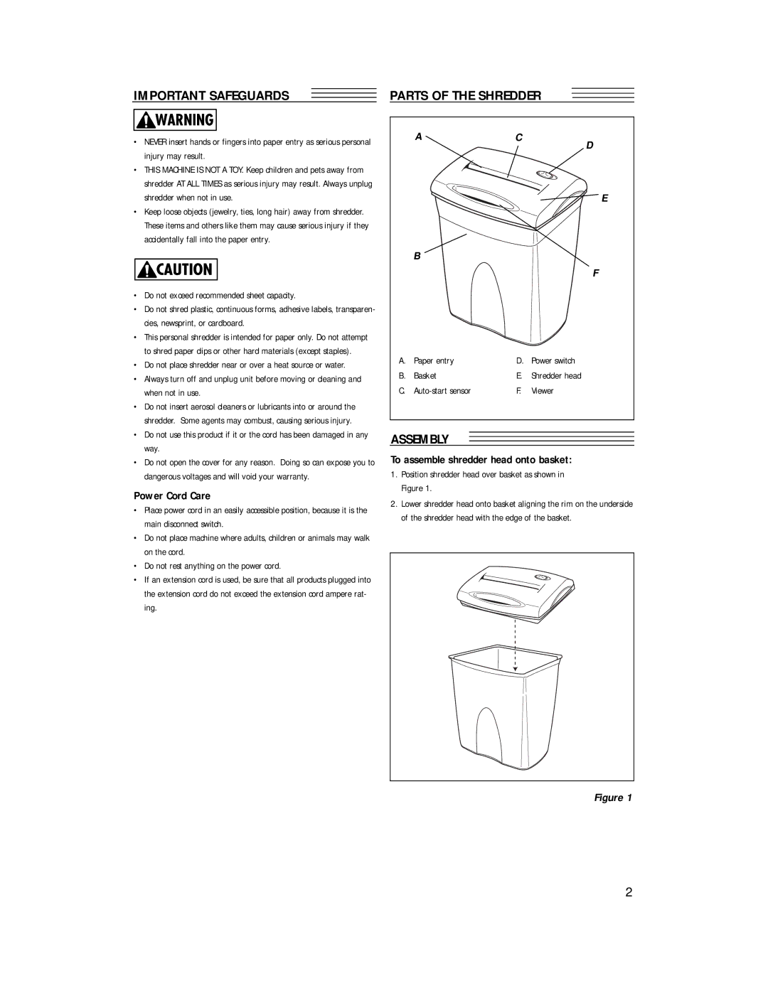 Fellowes S50-2 Assembly, Power Cord Care, To assemble shredder head onto basket, Do not exceed recommended sheet capacity 