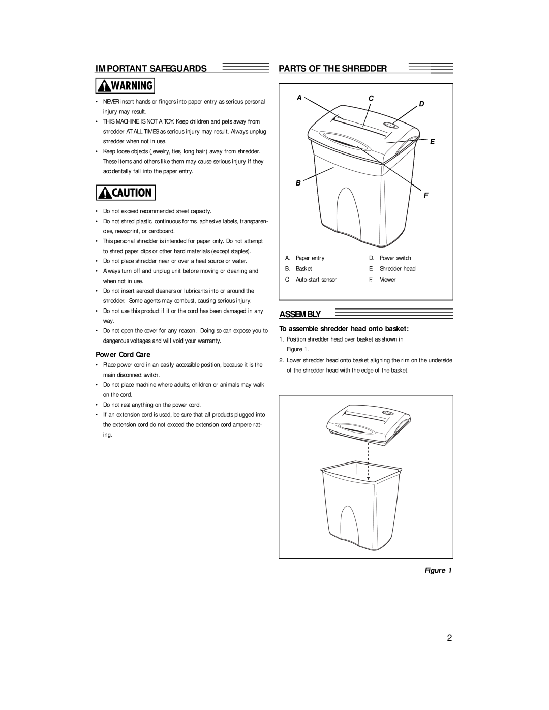 Fellowes S50-2 Important Safeguards, Parts Of The Shredder, Power Cord Care, E B F, To assemble shredder head onto basket 