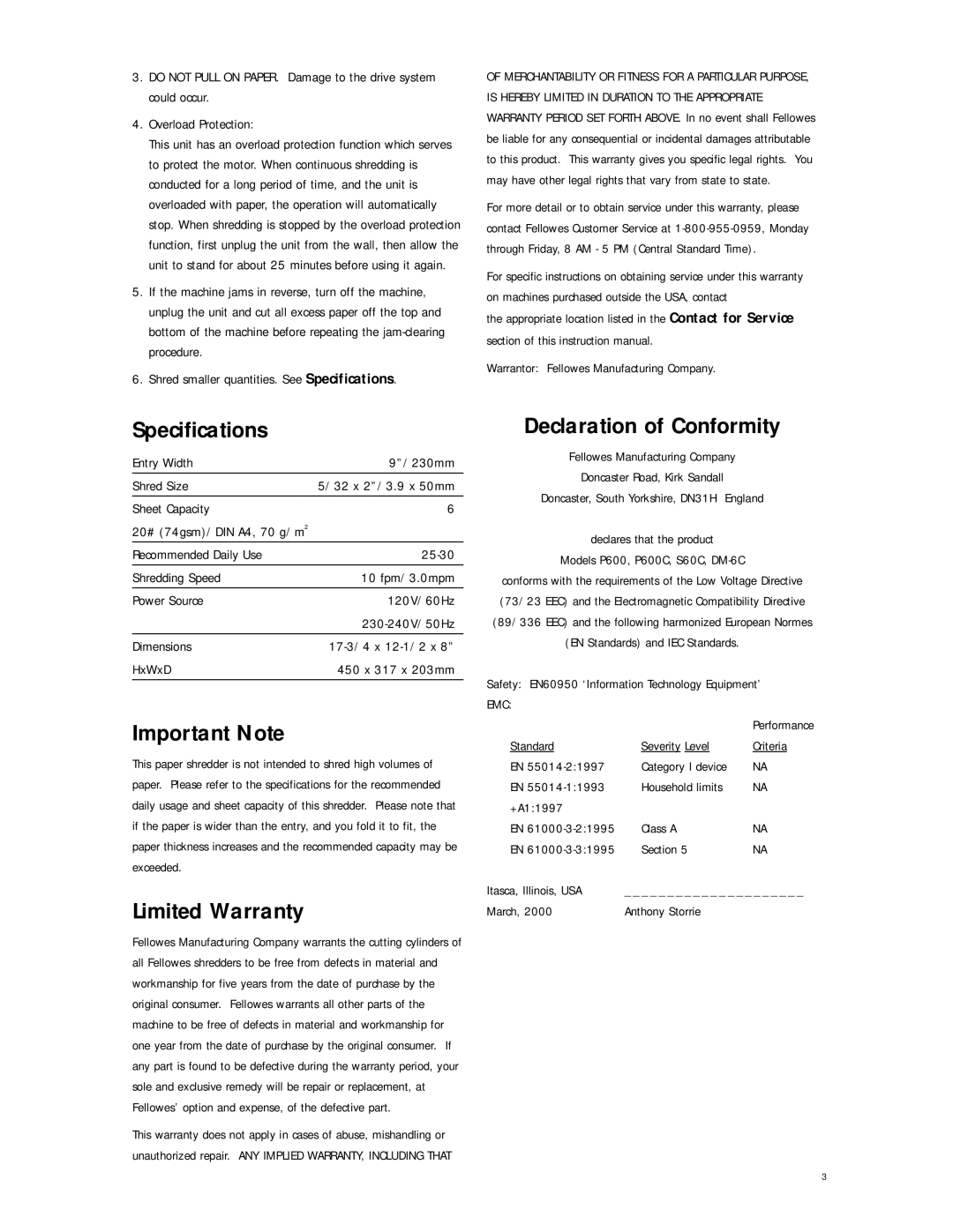 Fellowes S60C, DM-6C, P600C manual Specifications, Important Note, Limited Warranty, Declaration of Conformity 