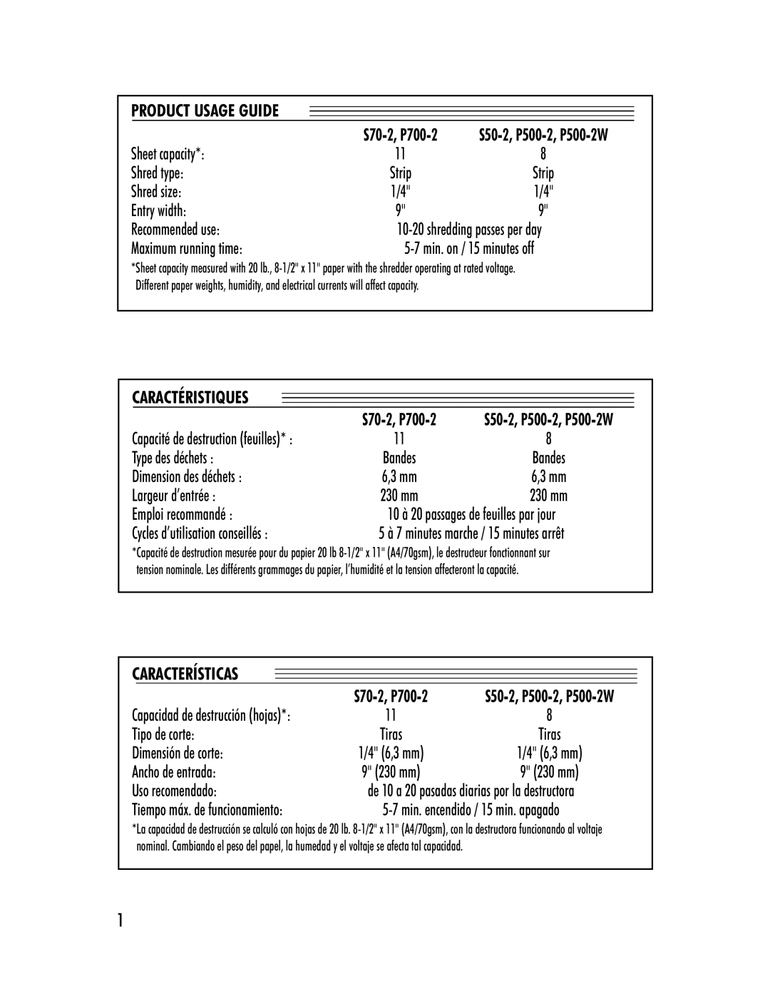 Fellowes S70-2, P500-2W manual Caractéristiques, Características, Capacidad de destrucción hojas 